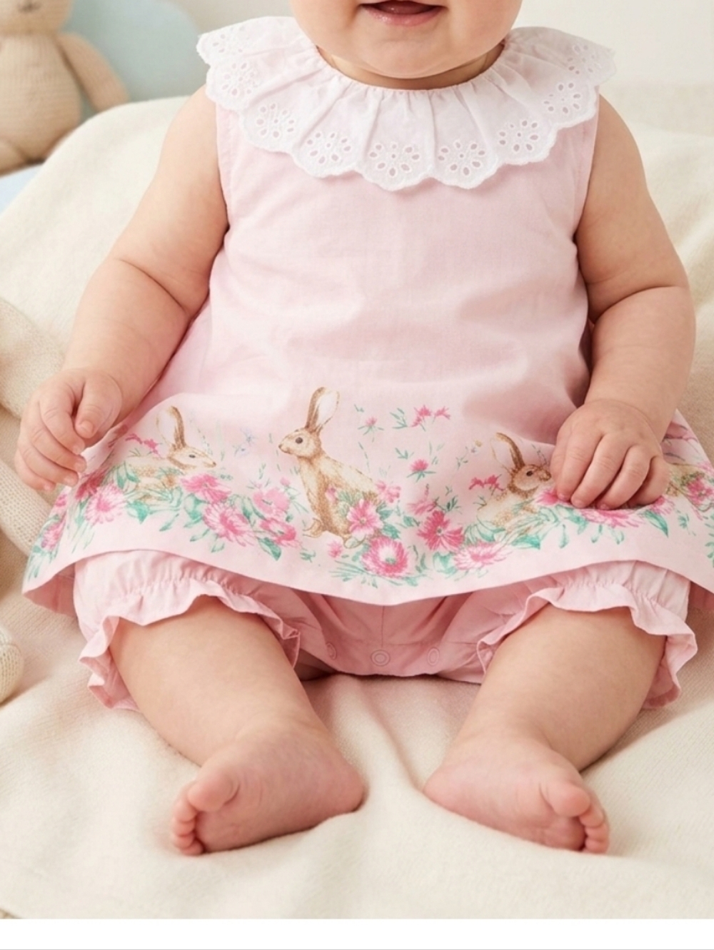 Janie & Jack Baby Girls Pink Bunny Floral  with Eyelet Collar 2 Piece Set 12-18M